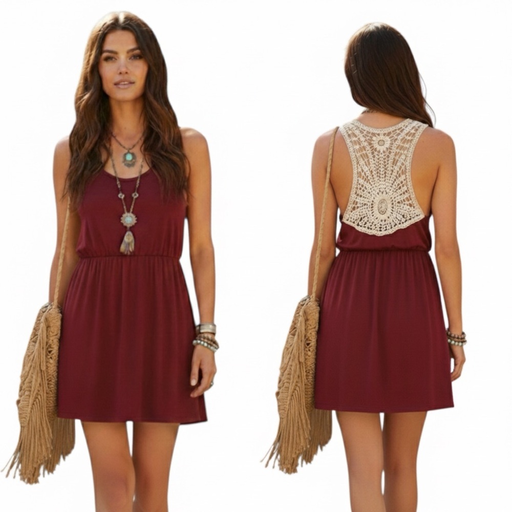 Pink Rose Burgundy Backless Crochet-Back Sundress